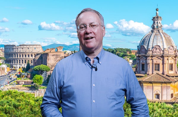 Instructor Alan Malter helps students make  connections between concept and place by recording in front of a green screen, with imagery added in post-production.